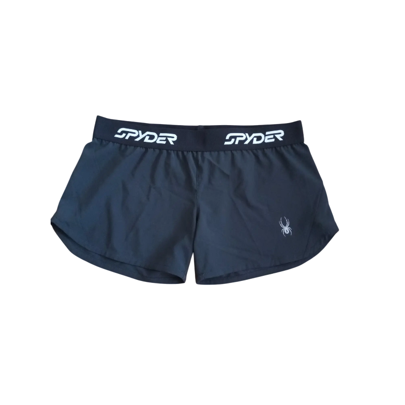 Sp5der Unisex Vista Running Short Front View Front view of the Sp5der unisex Vista running shorts in black, featuring a branded waistband and small spider logo.