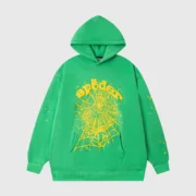Front view of the vibrant green Sp5der Star OG Web V2 hoodie featuring a signature yellow spider web and star graphic.