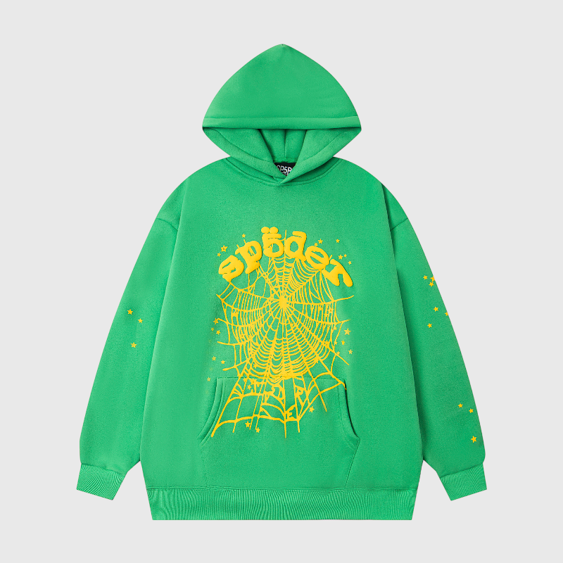 Sp5der Star OG Web V2 Green Hoodie Front View Front view of the vibrant green Sp5der Star OG Web V2 hoodie featuring a signature yellow spider web and star graphic.