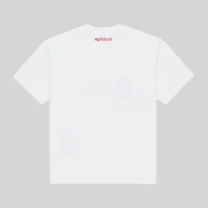 Back view of the white Sp5der Vivienne Tee featuring the signature red SP5DER logo printed on the back neck area.