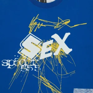 Close up view of the Sp5der Vivienne Tee featuring a blue cotton base with bold front graphic print and signature details.