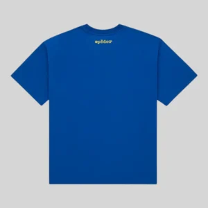 Back view of the blue Sp5der Vivienne Tee featuring the iconic logo on the back neck for streetwear lovers.