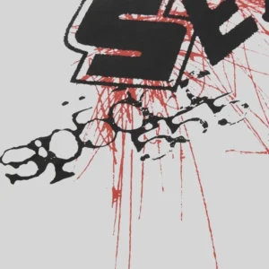 Close up of the Sp5der Vivienne Tee featuring a signature red and black graphic print on the front of the cotton shirt.