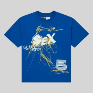 Front view of the blue Sp5der Vivienne graphic tee featuring a bold print from the premium streetwear archive collection.