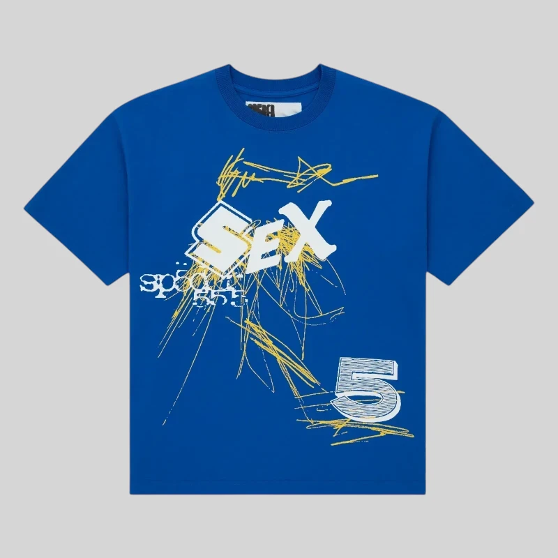 Front view of the blue Sp5der Vivienne graphic tee featuring a bold print from the premium streetwear archive collection.