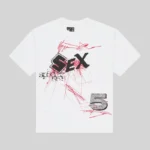 Front view of the Sp5der Vivienne graphic tee featuring a unique red sketch design on 100% cotton white fabric.
