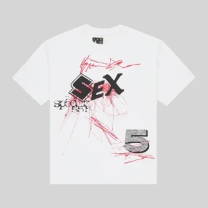 Front view of the Sp5der Vivienne graphic tee featuring a unique red sketch design on 100% cotton white fabric.