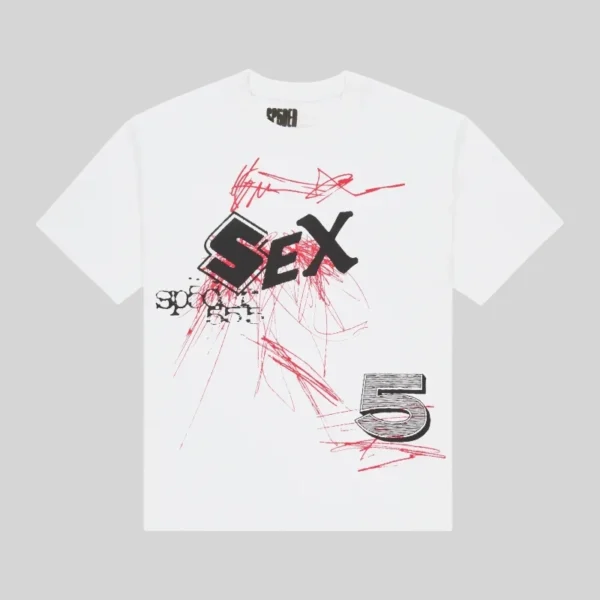 Front view of the Sp5der Vivienne graphic tee featuring a unique red sketch design on 100% cotton white fabric.