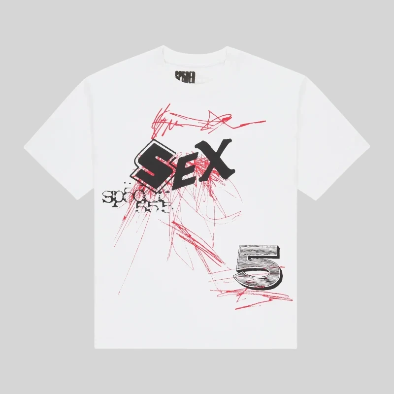 Front view of the Sp5der Vivienne graphic tee featuring a unique red sketch design on 100% cotton white fabric.