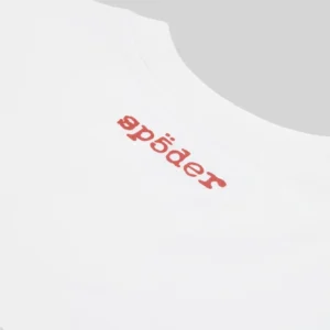 Close up view of the SP5DER logo printed on the back neck of the white Vivienne Tee from the Sp5der Archive collection.