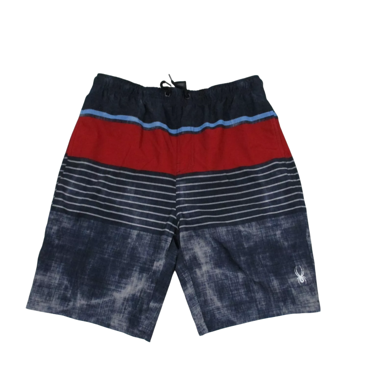 Sp5der swim trunks featuring a bold color-blocked design with stripes, an adjustable waistband, and the iconic logo.
