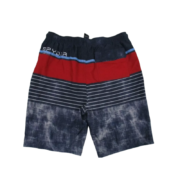 Front view of Spyder swim trunks board shorts featuring a multi-colored striped and tie-dye pattern design.