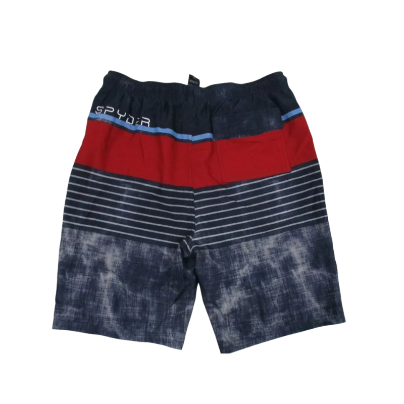 Front view of Spyder swim trunks board shorts featuring a multi-colored striped and tie-dye pattern design.