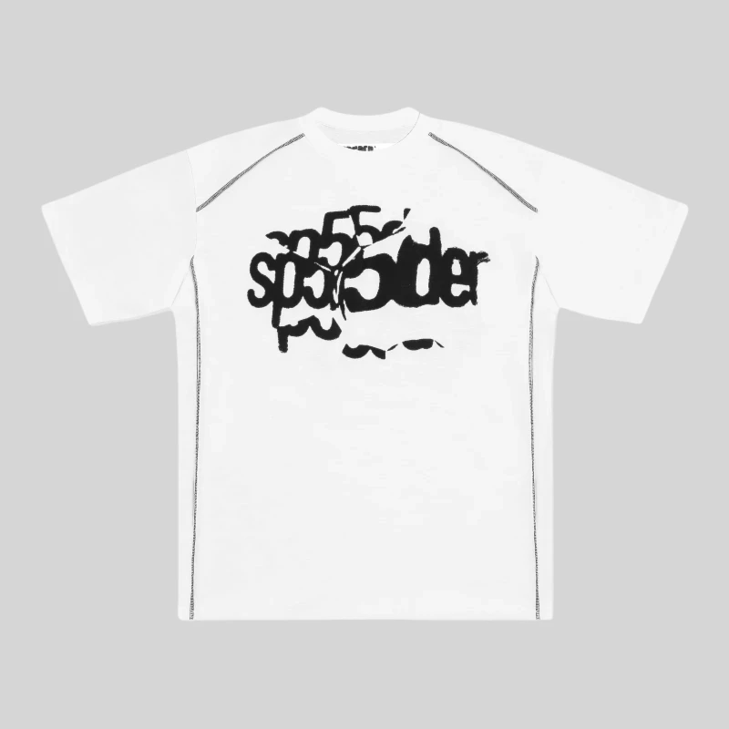 Sp5der Contrast Stitch Slub Tee featuring a bold graphic print on the front in a stylish white streetwear design.