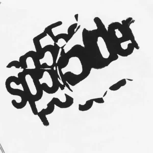 Close up view of the bold graphic print featuring the Sp5der logo on the Contrast Stitch Slub Tee streetwear shirt.