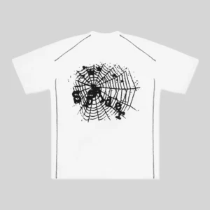 White Sp5der Contrast Stitch Slub Tee featuring a detailed black spider web graphic printed on the back of the shirt