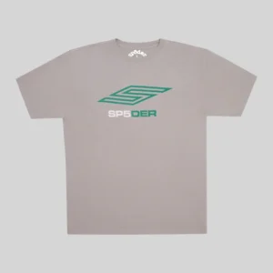 Front view of the Sp5der Pro LW Grey graphic tee, featuring the signature green and white chest logo on 100% cotton.