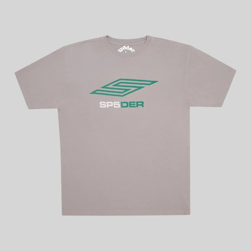 Front view of the Sp5der Pro LW Grey graphic tee, featuring the signature green and white chest logo on 100% cotton.