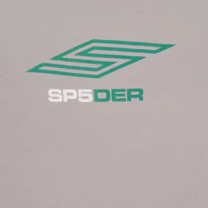 Close up view of the SP5DER Pro LW Grey Tee featuring the iconic graphic print logo on the front of the cotton shirt.