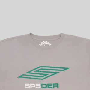 Sp5der Pro LW Grey Tee featuring the iconic graphic print on the front, showing a close up of the streetwear design.