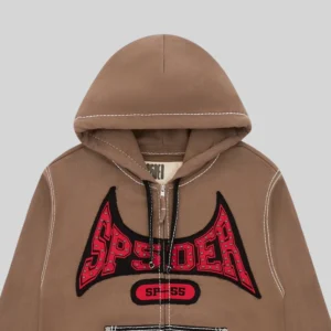 Sp5der T&F Zip Hoodie 'Brown' close up