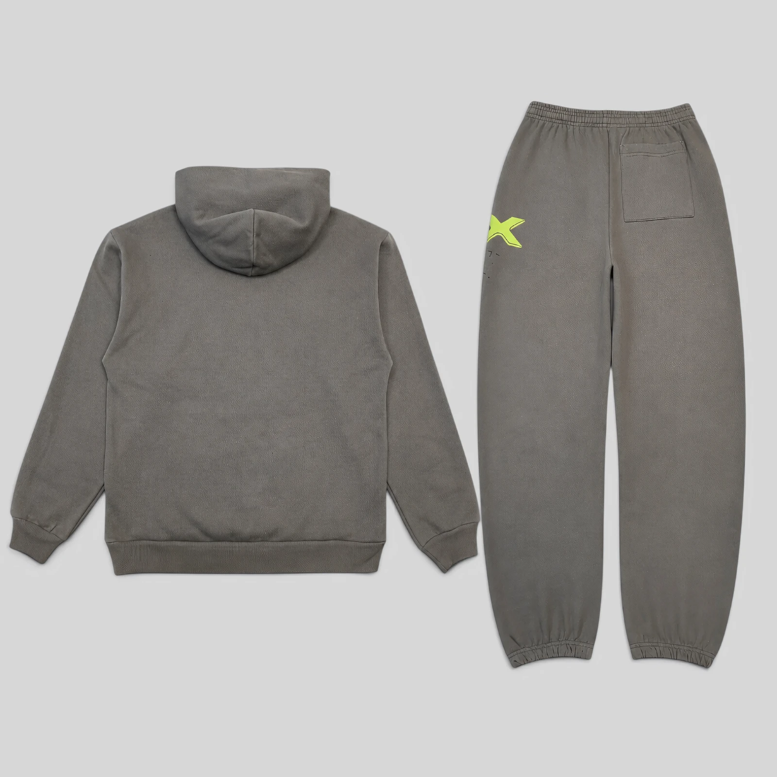 Back view of the Sp5der 5Ex Tracksuit in Slate Grey featuring heavy-duty 100% cotton fleece hoodie and sweatpants.