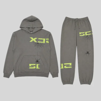 Front view of the slate grey Sp5der 5Ex tracksuit featuring signature web graphics and lime green 5EX text branding.
