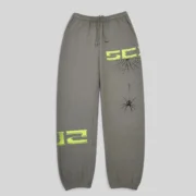 Front view of the Sp5der 5Ex sweatpants in Slate Grey, featuring premium cotton fleece and signature spider web graphics.