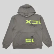 Front view of the Sp5der 5Ex hoodie in slate grey featuring neon text and spider web puff print graphics.