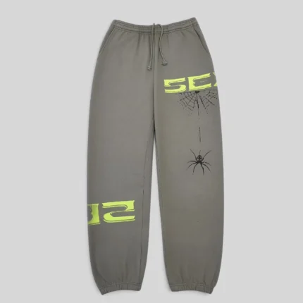 Front view of the Sp5der 5Ex sweatpants in Slate Grey, featuring premium cotton fleece and signature spider web graphics.