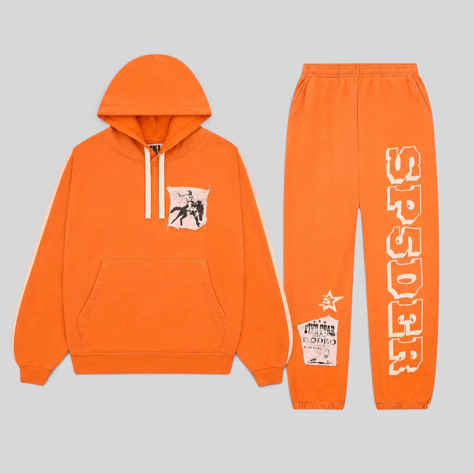 The Orange Sp5der 5Star Rodeo Tracksuit featuring a heavyweight cotton hoodie and matching sweatpants with graphics.