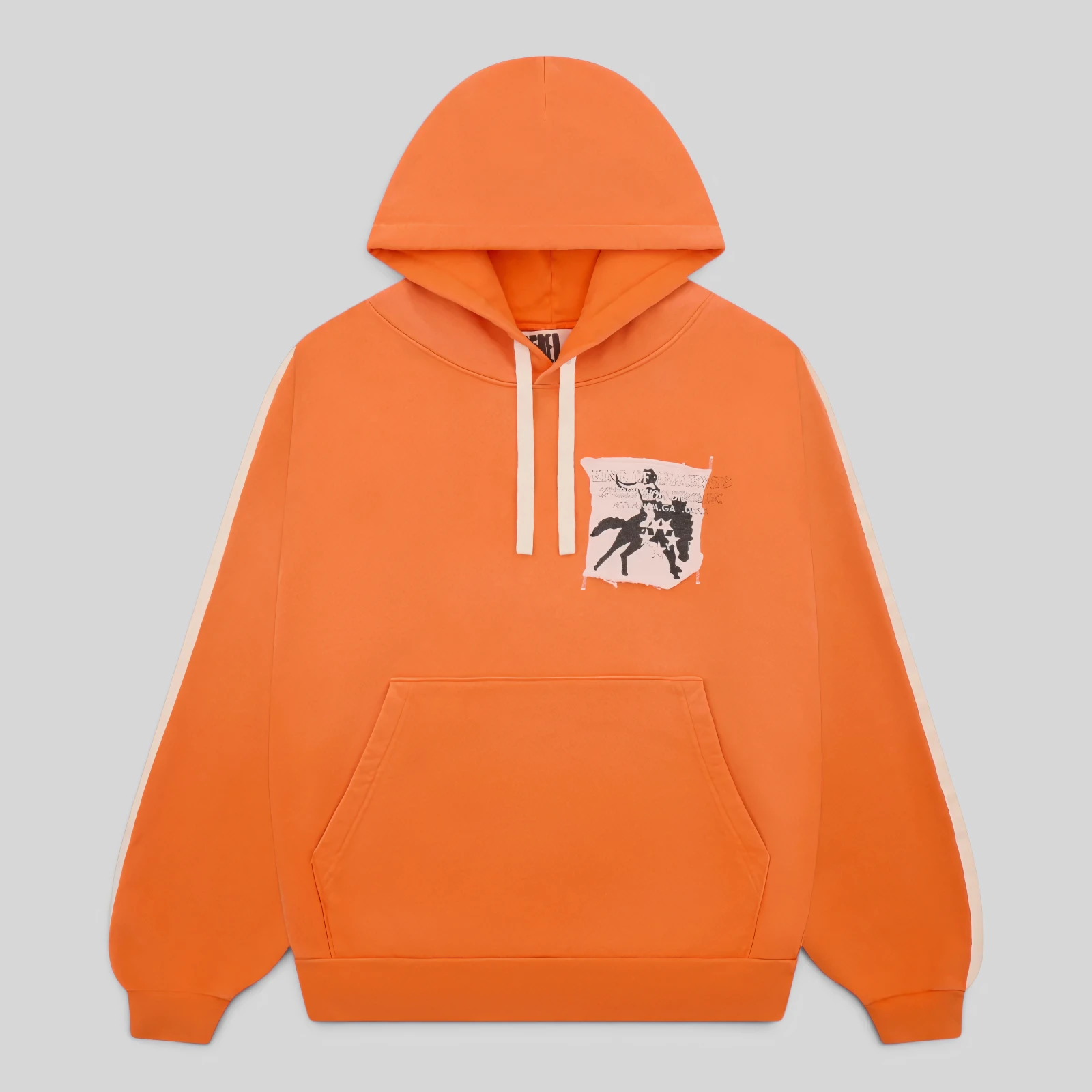 Sp5der 5star Rodeo Hoodie Orange Front View Front view of the Sp5der 5star Rodeo Hoodie in orange, featuring 13oz cotton fleece and a custom distressed chest patch.