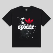 Front view of the black Sp5der x Adidas Souvenir graphic tee with signature spiderweb and logo design.