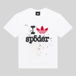 Front view of the white Sp5der x Adidas Souvenir Tee featuring a graphic print with a red trefoil and Sp5der branding.
