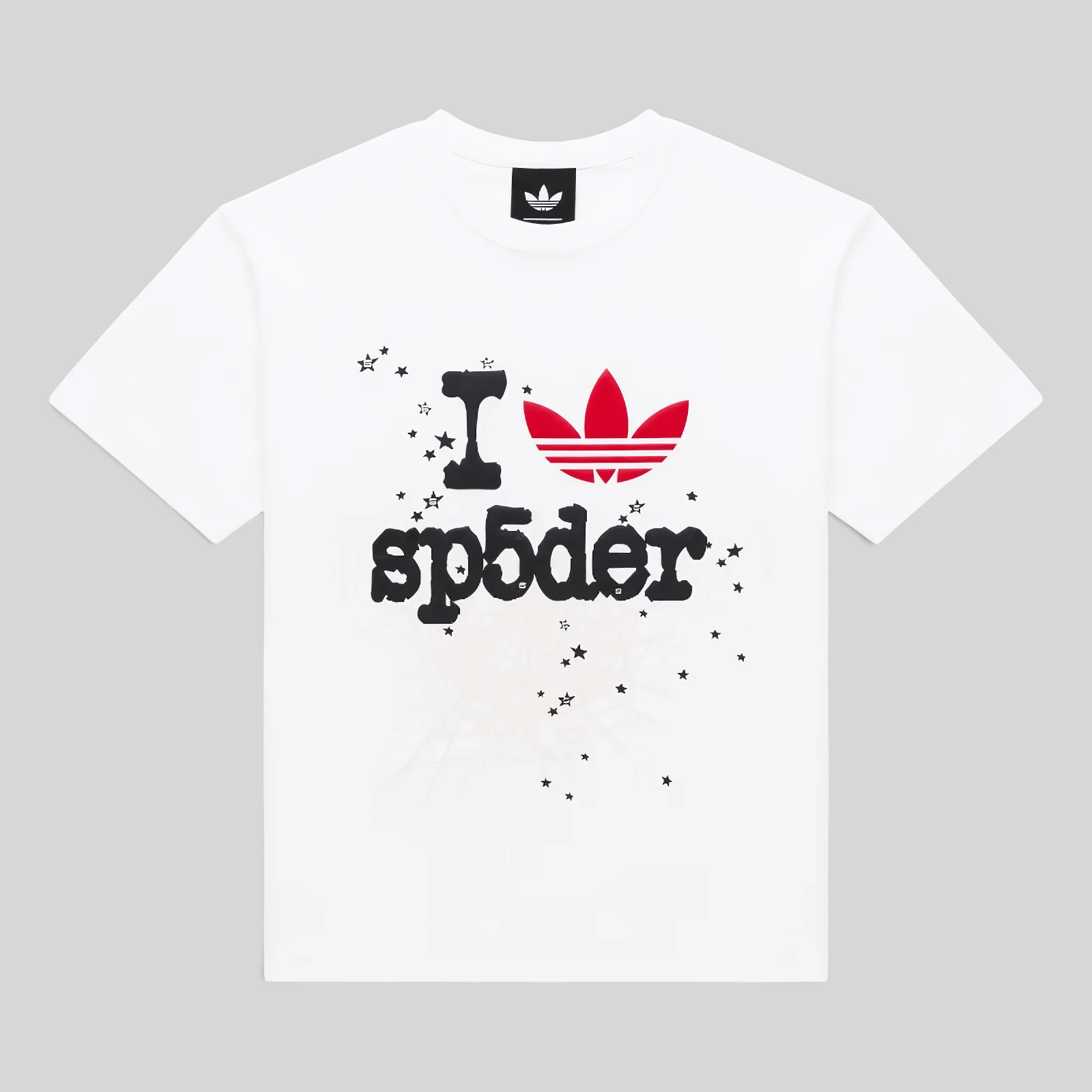 Sp5der x Adidas Souvenir Tee White Front View Front view of the white Sp5der x Adidas Souvenir Tee featuring a graphic print with a red trefoil and Sp5der branding.