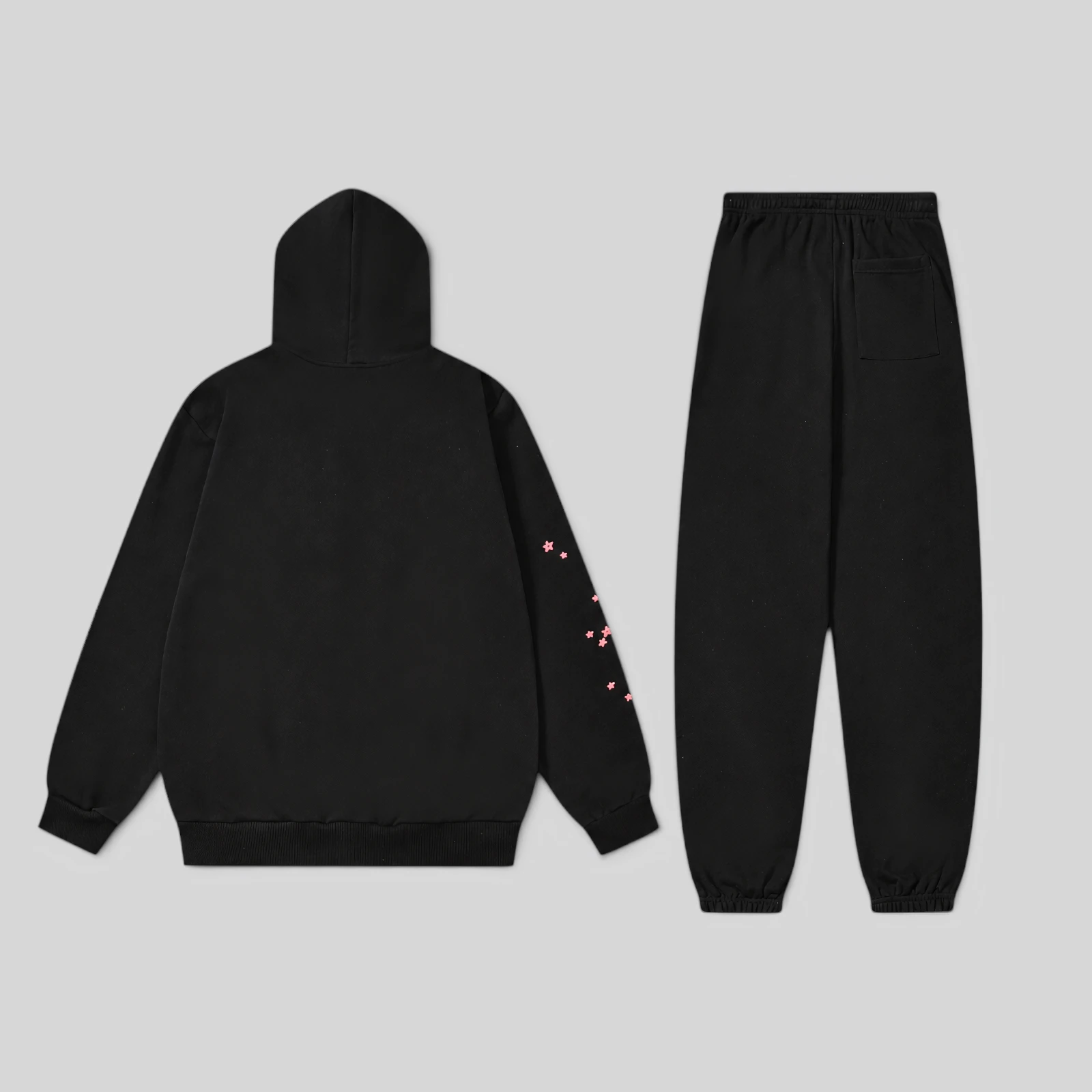 Back view of the Sp5der Angel Number Tracksuit in black featuring heavy cotton fleece and star print details.