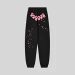 Front view of the black Sp5der Angel Number sweatpants featuring iconic pink 555 puff print and star graphics.
