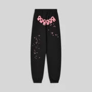 Front view of the black Sp5der Angel Number sweatpants featuring iconic pink 555 puff print and star graphics.