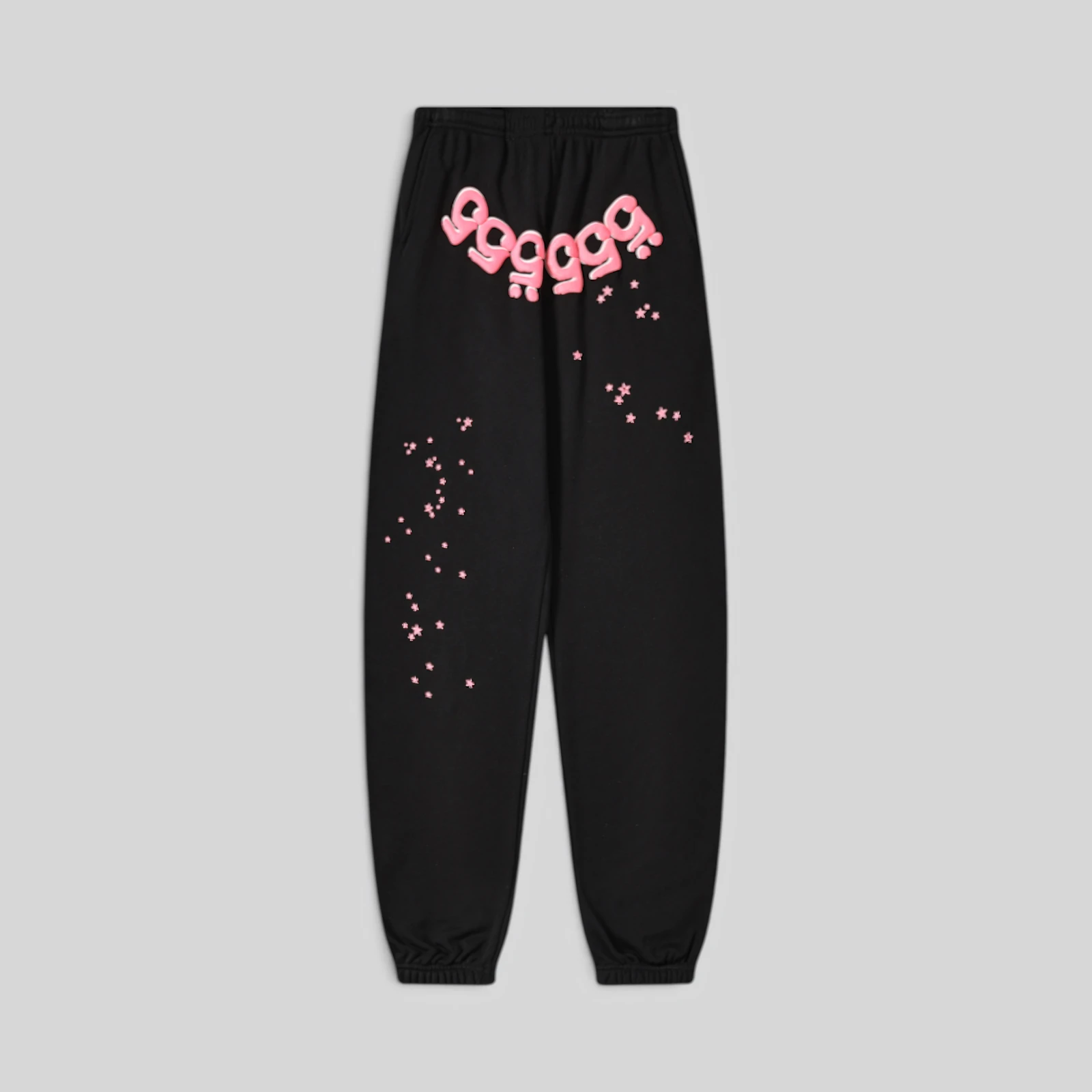 Front view of the black Sp5der Angel Number sweatpants featuring iconic pink 555 puff print and star graphics.