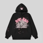 Sp5der Angel Number Hoodie in Black featuring a front graphic of pink 555 text, a spider web, and scattered stars.