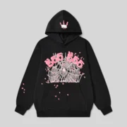 Sp5der Angel Number Hoodie in Black featuring a front graphic of pink 555 text, a spider web, and scattered stars.