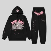 Front view of the Sp5der Black Angel Number Tracksuit featuring a 13oz cotton fleece hoodie and matching sweatpants.