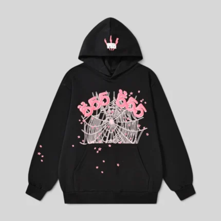 Sp5der Angel Number Hoodie in Black featuring a front graphic of pink 555 text, a spider web, and scattered stars.