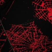 Close-up of the black Sp5der Aop Web V2 zip-up hoodie featuring a signature red all-over web print and embroidered logo.