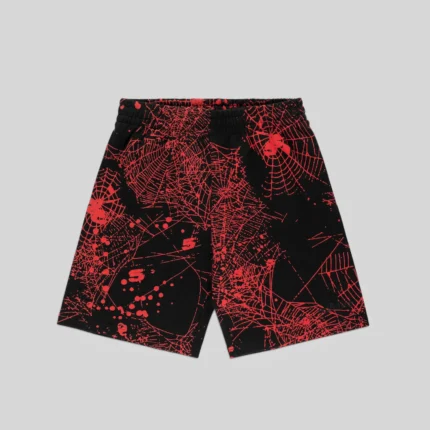 Black Sp5der Aop Web V2 Sweatshort featuring an iconic all-over red web print graphic design on 100% cotton fleece.