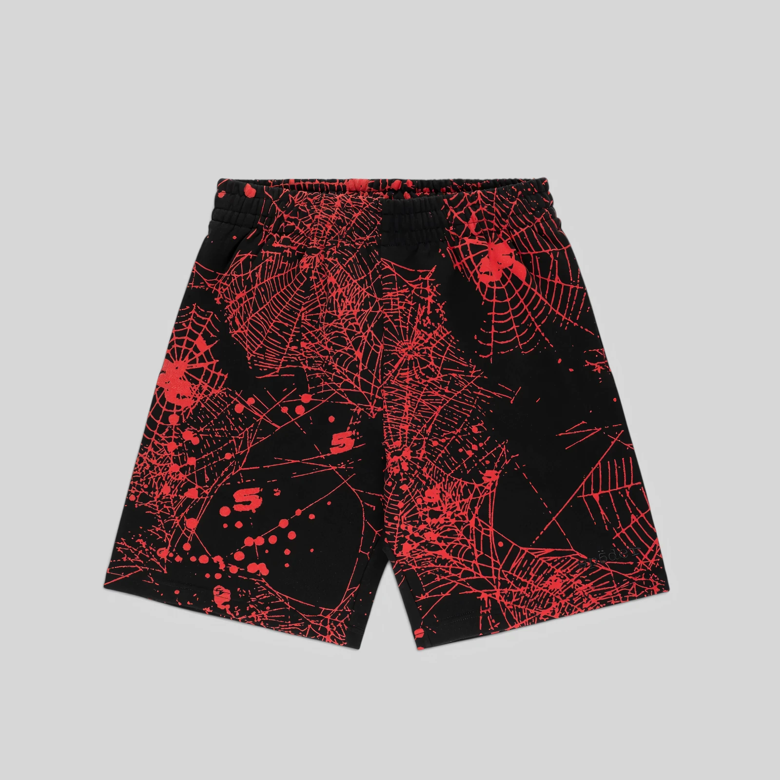 Black Sp5der Aop Web V2 Sweatshort featuring an iconic all-over red web print graphic design on 100% cotton fleece.