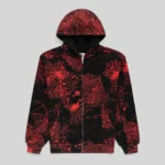 Sp5der Aop Web V2 Zip Up Hoodie in black featuring an all-over red web graphic print design, made from 13 oz cotton fleece.