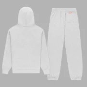 Back view of the heavyweight cotton fleece Sp5der Arach Tracksuit in Heather Grey, showing hoodie and sweatpants.