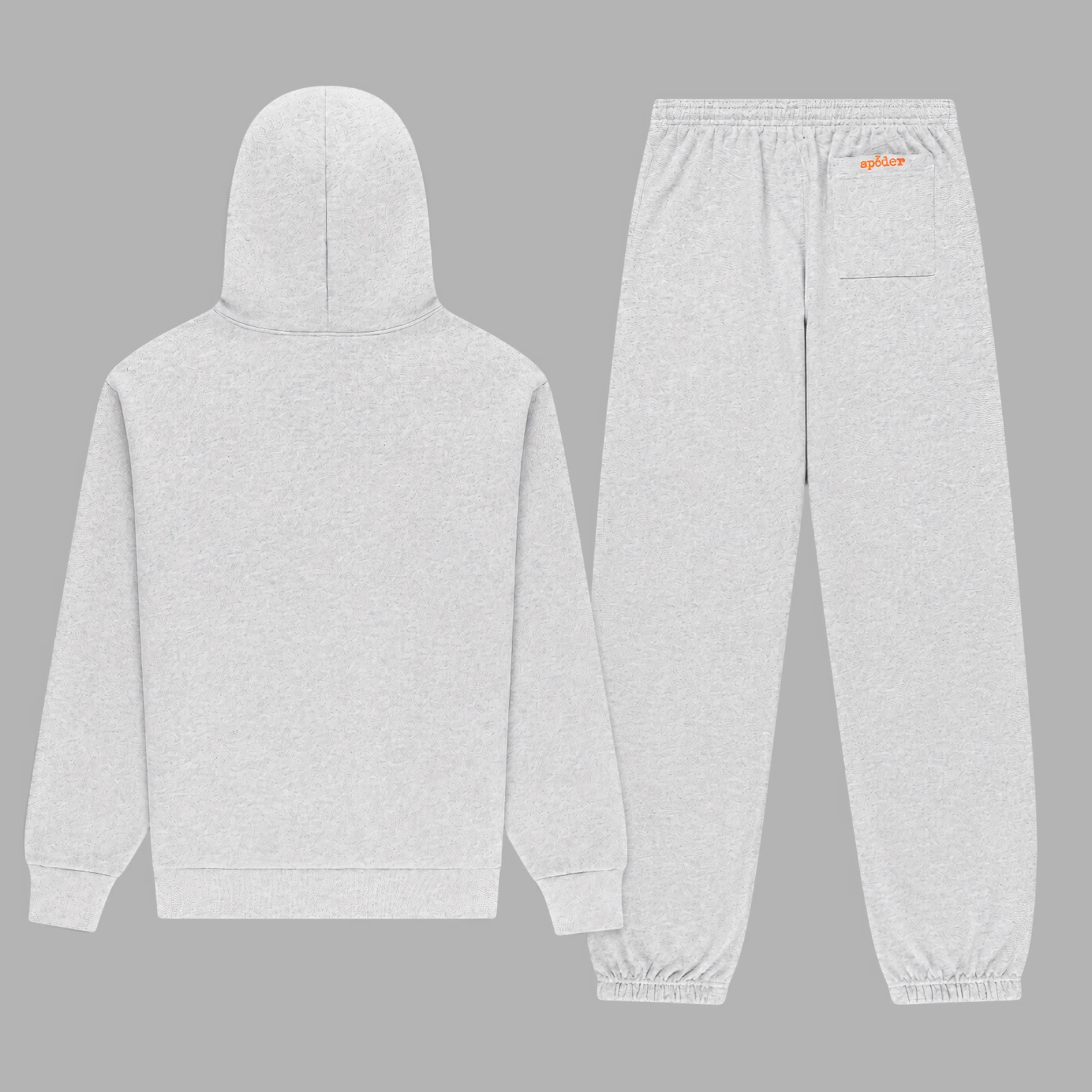 Back view of the heavyweight cotton fleece Sp5der Arach Tracksuit in Heather Grey, showing hoodie and sweatpants.