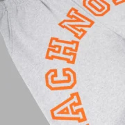 Close-up view of the Sp5der Arach sweatpants in heather grey featuring vibrant orange graphic print branding on the leg.